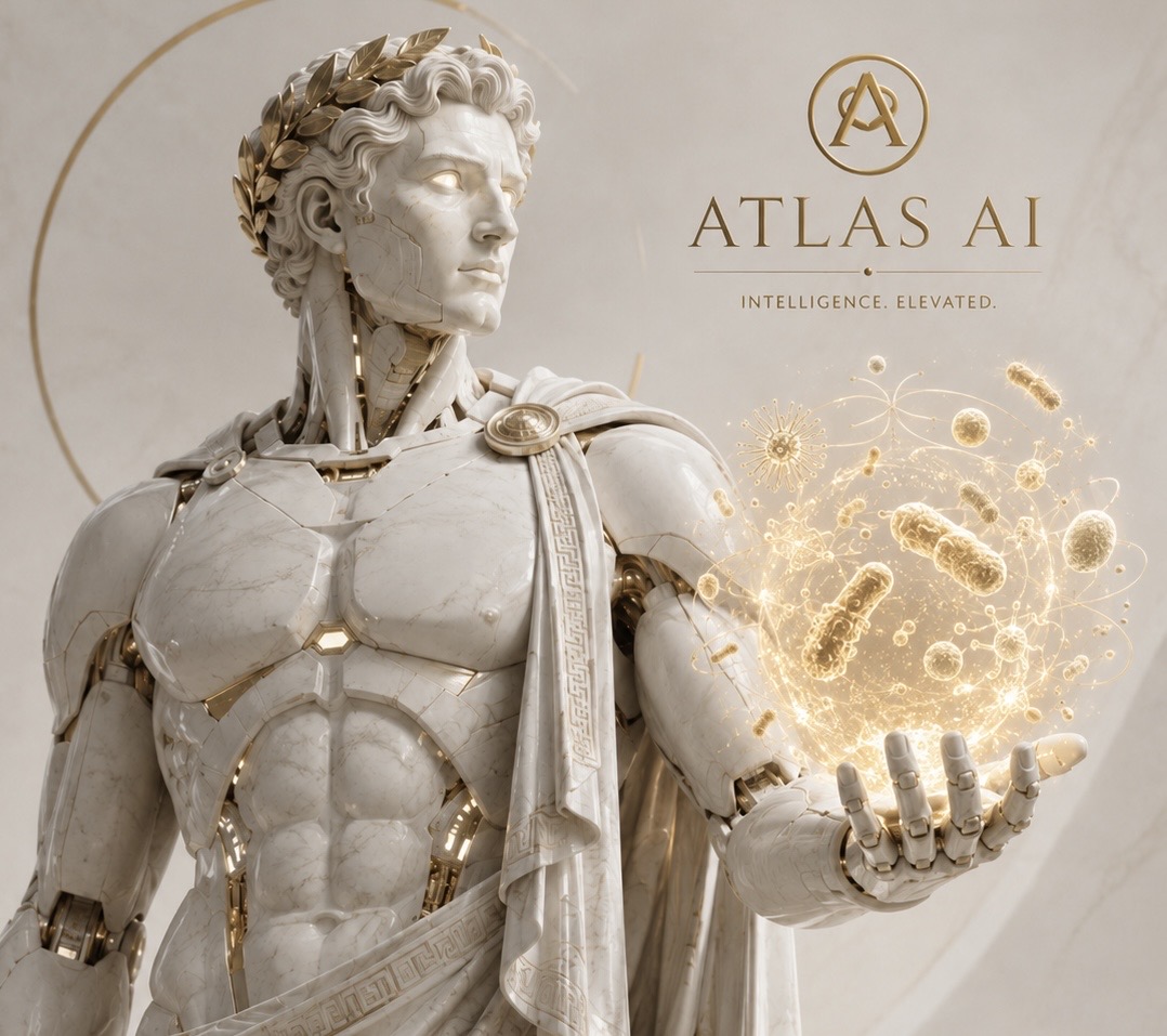 Atlas AI — a marble-and-gold classical figure holding a glowing microbiome, beneath the wordmark Intelligence. Elevated.